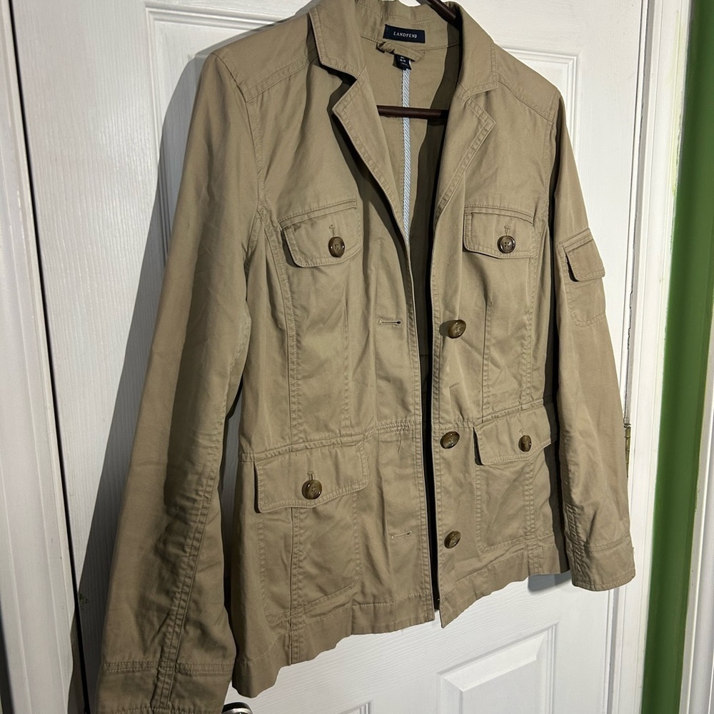 Lands End Utility Jacket Blazer Khaki Tan Size Medium 10-12 100% Cotton Classic - Picture 2 of 12